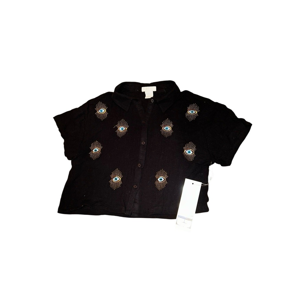 Life Love Is For Eternity Black‎ Button up Cropped Eye Shirt Womens L